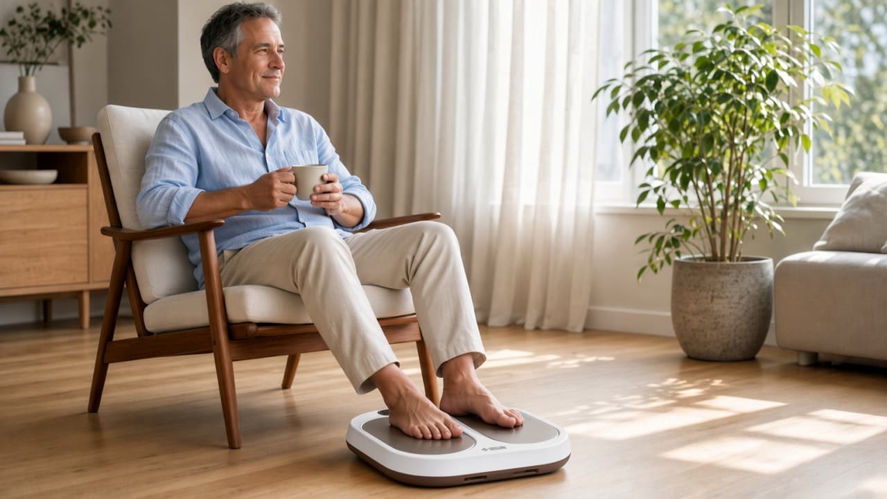 Man med kaffekopp och fötterna på PEMF-plattan i morgonljus