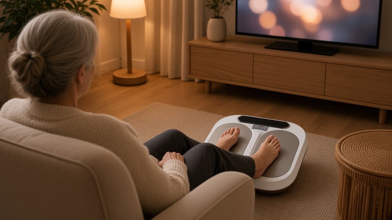 Äldre kvinna sitter bakifrån i vardagsrummet och tittar på tv med båda fötterna på plattan